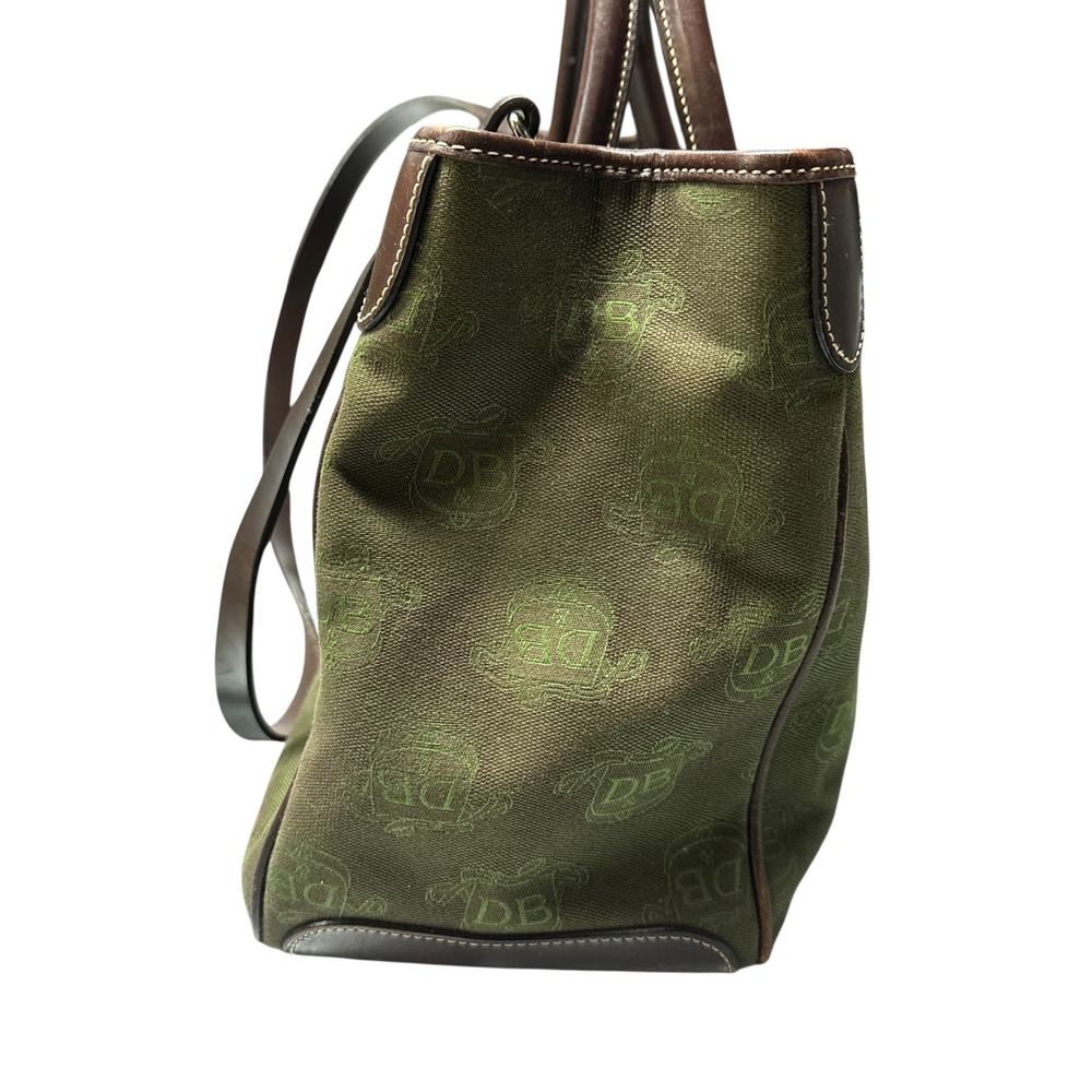 Dooney and Burke Signature Canvas Tote Bag Green Brown Leather Trim Silver - Picture 5 of 14